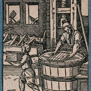 A woodcut print showing a man making paper; his apprentice carrying away the finished sheets.